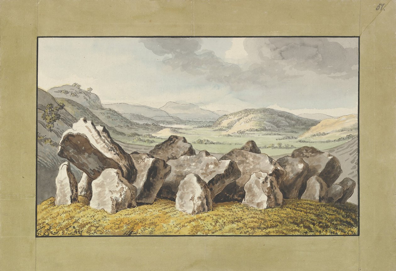 Un círculo de piedras prehistórico en un montículo, un paisaje extenso más allá, mediados del siglo XVIII-principios del siglo XIX de Johann Heinrich Wilhelm Tischbein