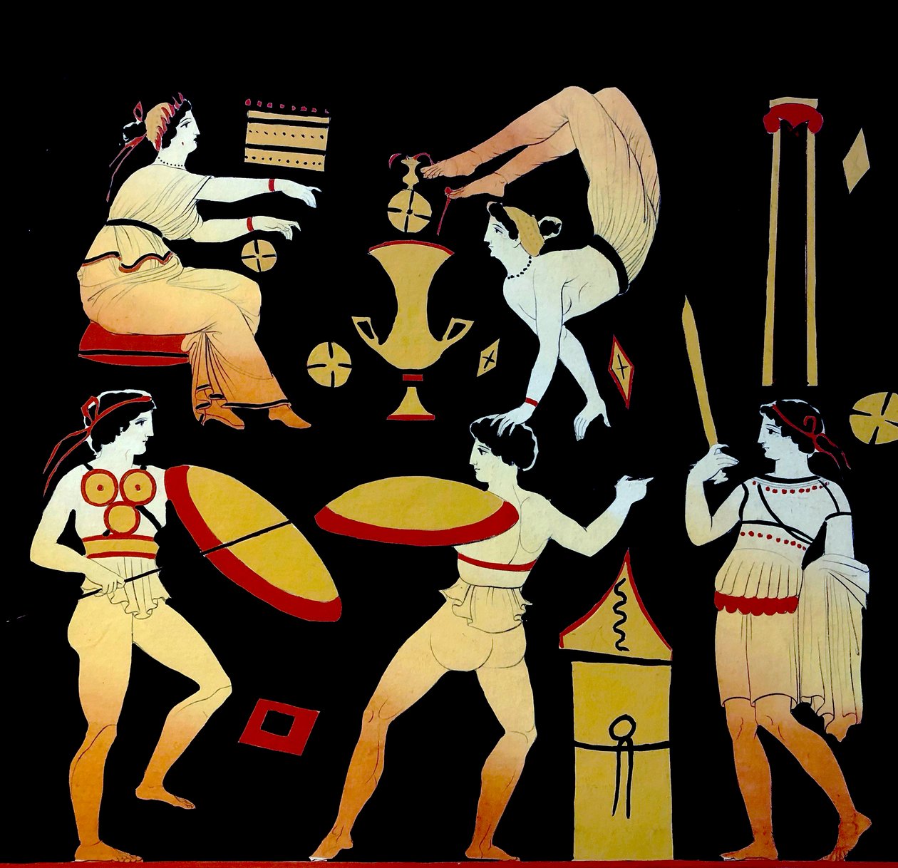 Acróbatas y tres hombres realizando la danza de guerra Pyrrhichios o Pyrrhike c.1796 (grabado en placa de cobre) de Johann Heinrich Wilhelm Tischbein