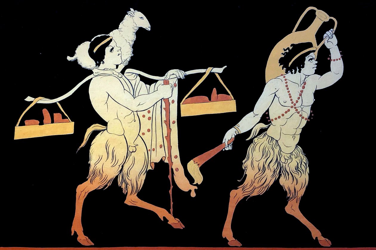 Dos faunos portando tributos y ofrendas a la fiesta de Dionisia utilizando un asta de transporte. 1796 (Grabado en plancha de cobre) de Johann Heinrich Wilhelm Tischbein
