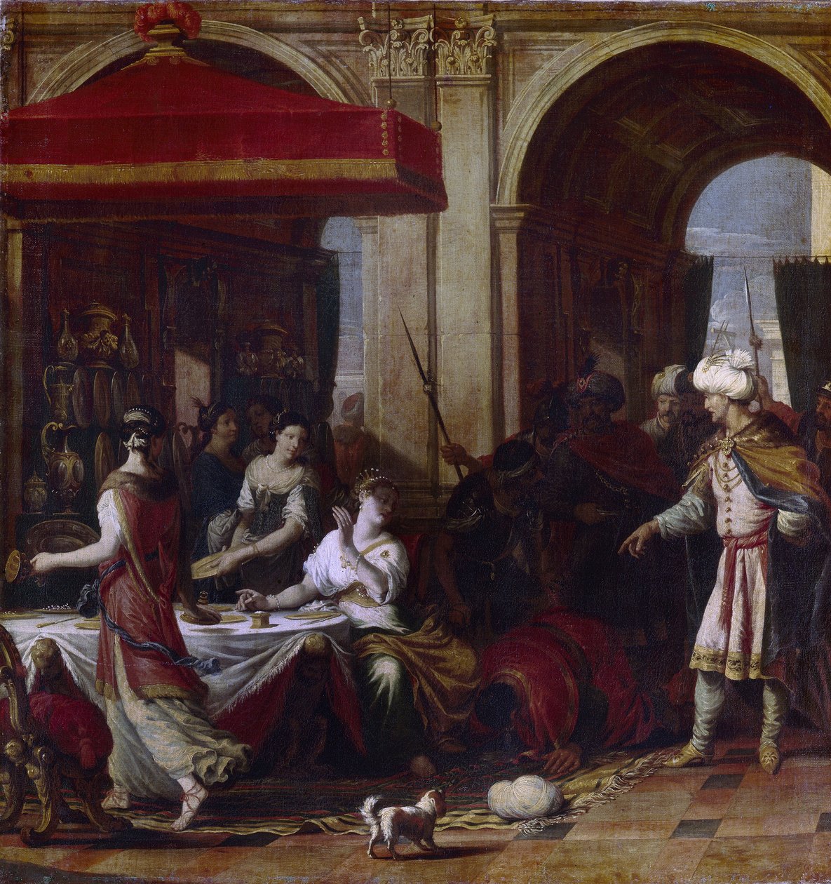 La fiesta de Ester. Ester (Hadasa bat Avihail) esposa de Asuero, rey de Persia (Jerjes I, 519-465 a.C.), tras el decreto de exterminio de los judíos del reino por parte del visir Amán, invita a los dos hombres a un banquete donde de Johann Heiss