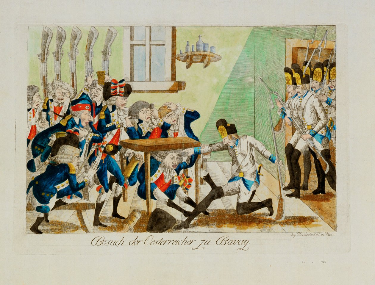 Soldados austriacos sorprenden a un destacamento francés en su cuartel de Bavai ... (grabado) de Johann Hieronymus Loeschenkohl