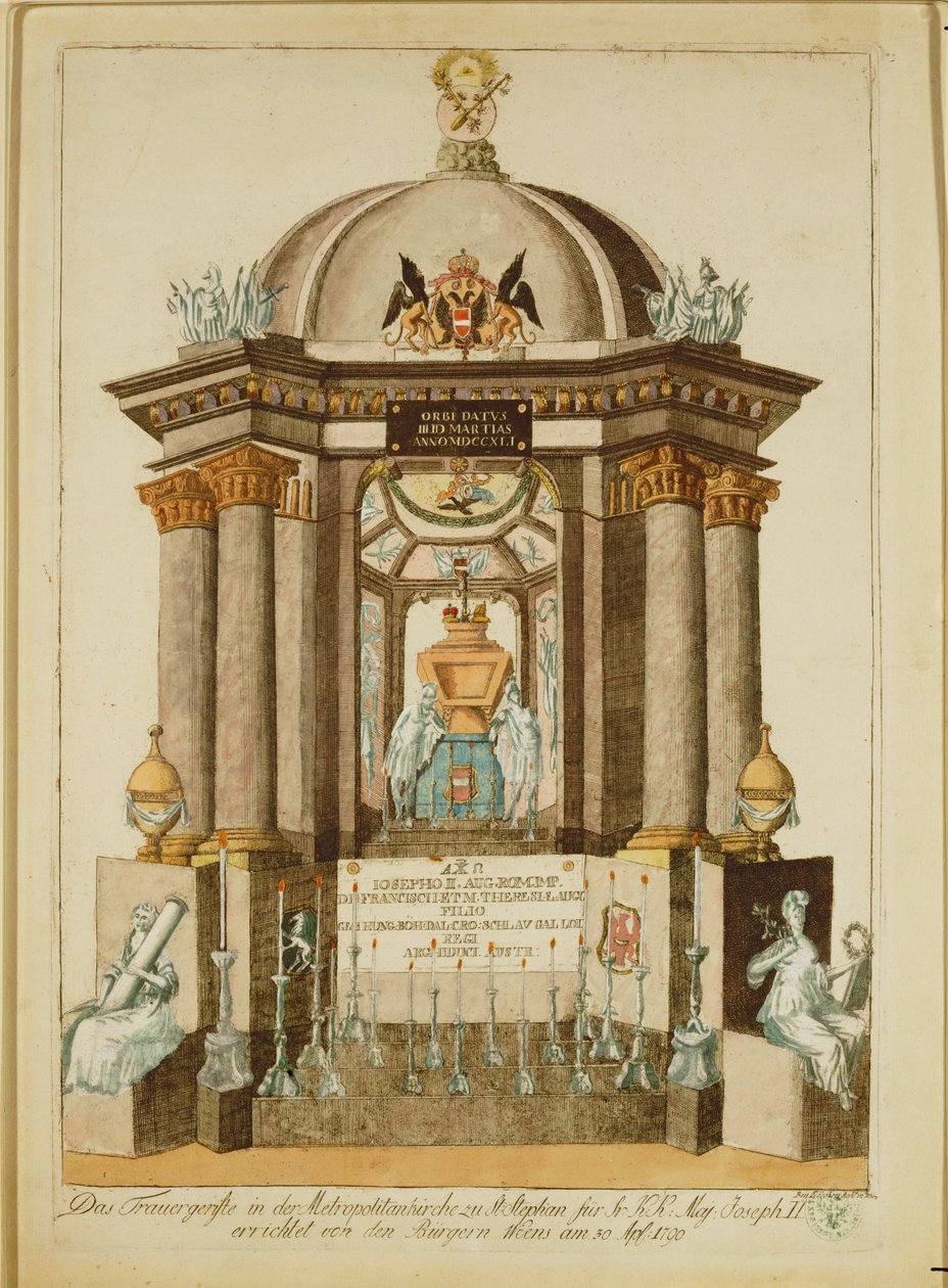 Monumento funerario (Castrum Doloris) erigido por los ciudadanos de Viena para la misa de réquiem por el Emperador (grabado) de Johann Hieronymus Loeschenkohl