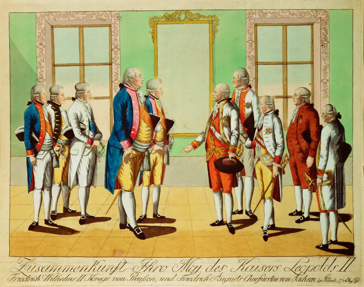 Encuentro del emperador Leopoldo II con el rey Federico Guillermo III de Prusia y el elector Federico Augusto de Sajonia en el castillo de Pilnitz ... (grabado) de Johann Hieronymus Loeschenkohl