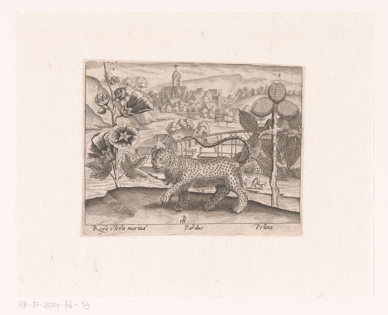Serie de Estampas con Flores y Animales en un Paisaje Paisaje con malvarrosa, leopardo y ciruelo Paisajes con animales, plantas y flores (título de serie) de Johann Hogenberg