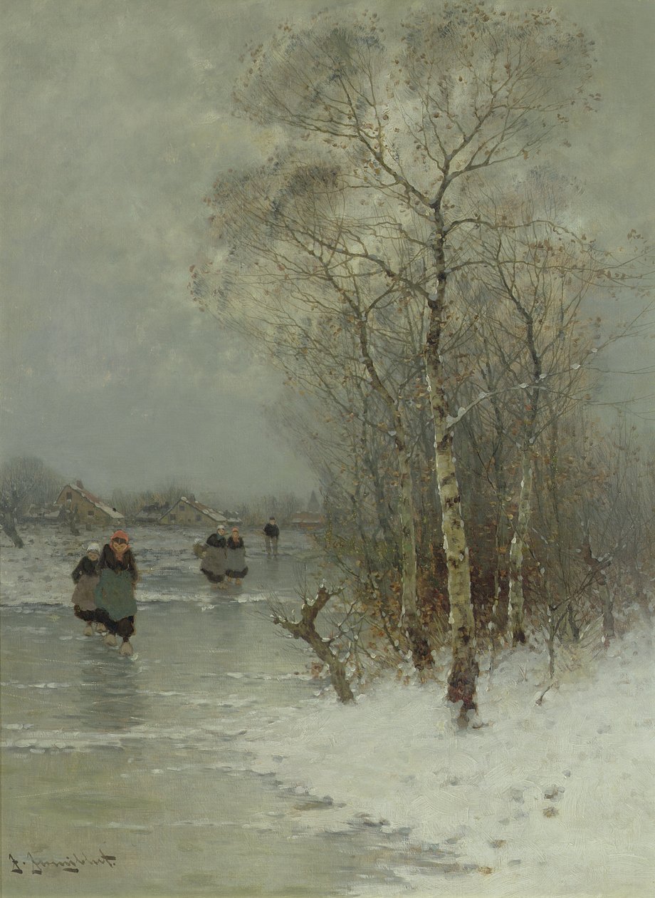 Niñas Caminando en un Río Congelado de Johann II Jungblut