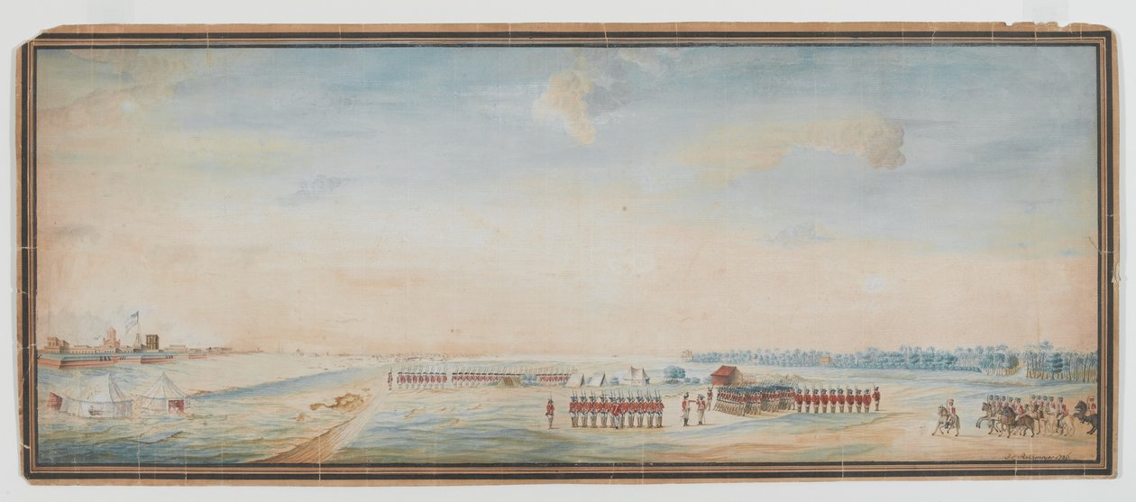 Infantería británica, infantería nativa y caballería nativa ejercitándose frente al Fuerte San Jorge, Madrás de Johann Jacob Ludewig Rothmeyer