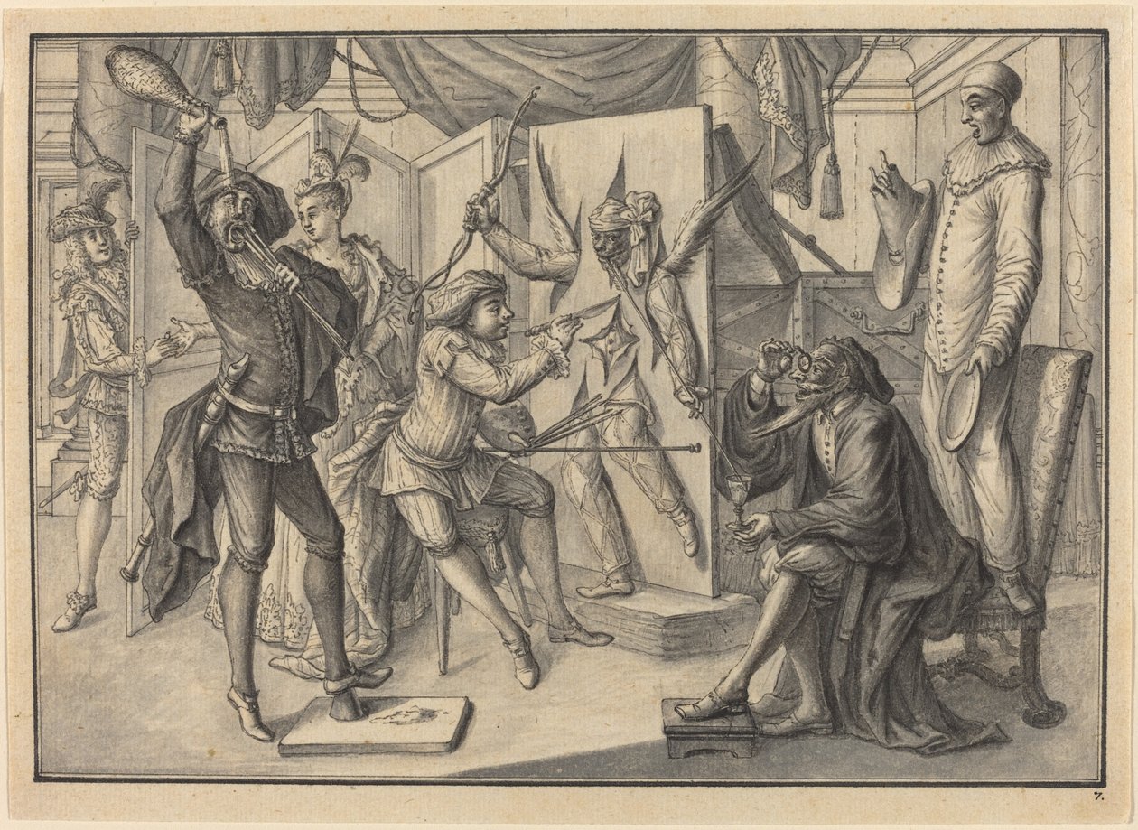 Mezzetin "pinta" un retrato de Cupido cortando el lienzo para revelar a Arlequín de Johann Jacob Schubler