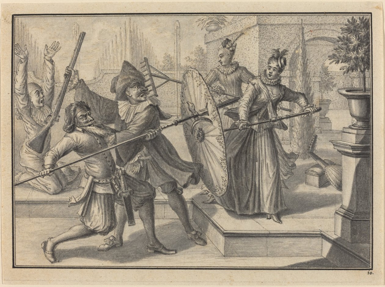 Pantalón y el Doctor Luchando con Columbina y Brigatella en el Jardín de Johann Jacob Schubler