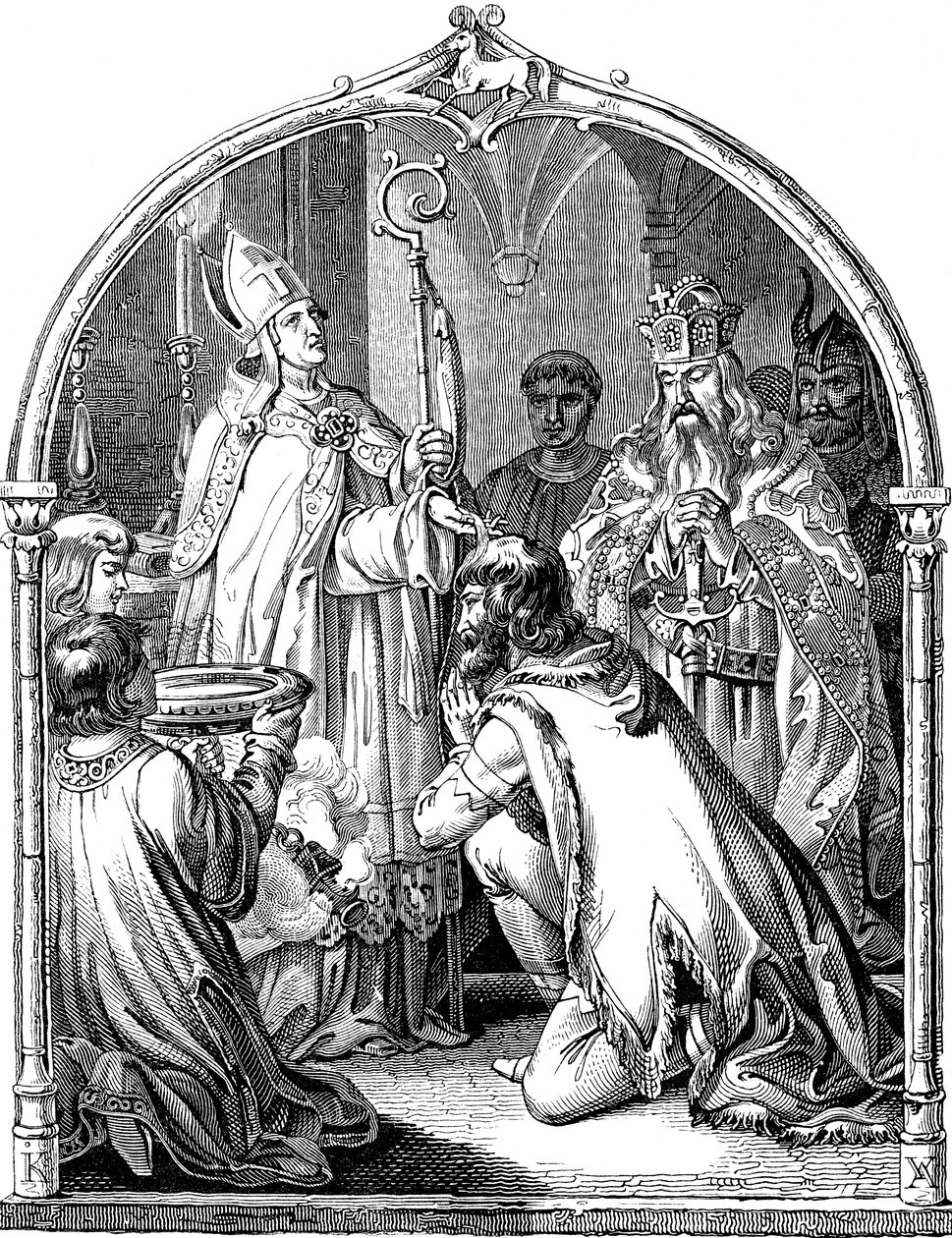 Bautismo del líder sajón Widukind Ilustración de la Geschichte des deutschen Volkes de E. Duller de Johann Jakob Kirchhoff