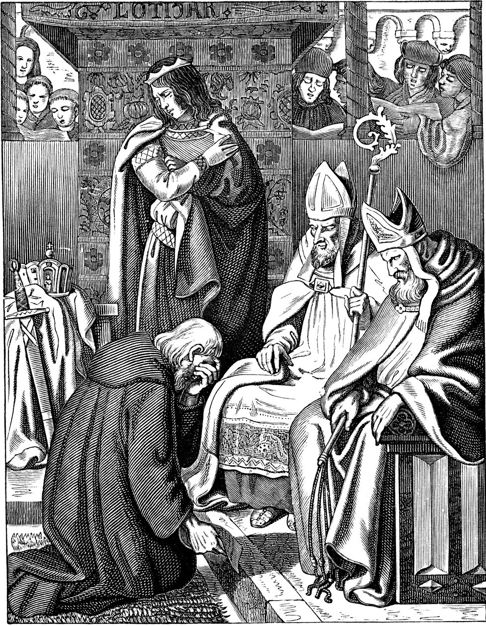 Luis el Piadoso haciendo penitencia en Attigny en 822. Ilustración de la Geschichte des deutschen Volkes de E. Duller, 1840 de Johann Jakob Kirchhoff