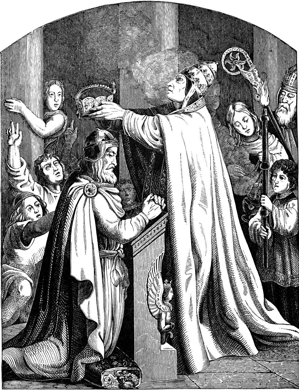 La Coronación del Emperador Carlomagno por el Papa León III Ilustración de la Geschichte des deutschen Volkes por E. Duller, 1840 de Johann Jakob Kirchhoff