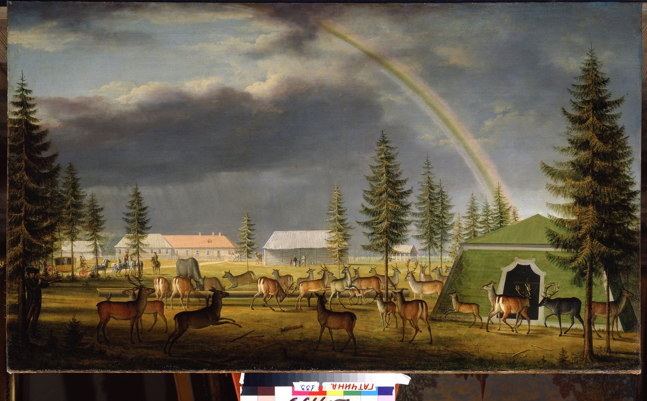 La colección de animales en el parque del palacio de Gatchina. Pintura de Johann Jakob Mettenleiter (1750-1825) de Johann Jakob Mettenleiter