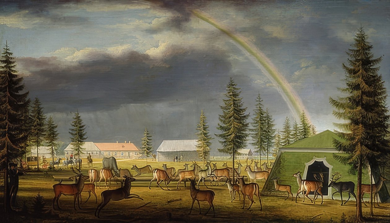 Exposición de animales en el parque del castillo de Gattschina. 1792 de Johann Jakob Mettenleiter