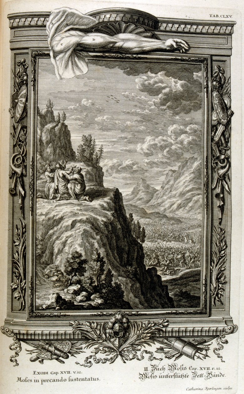 Aarón y Hur sostienen la mano de Moisés en el Sinaí, cuando los israelitas huyeron al Sinaí, Éxodo de Egipto de Johann Jakob Scheuchzer