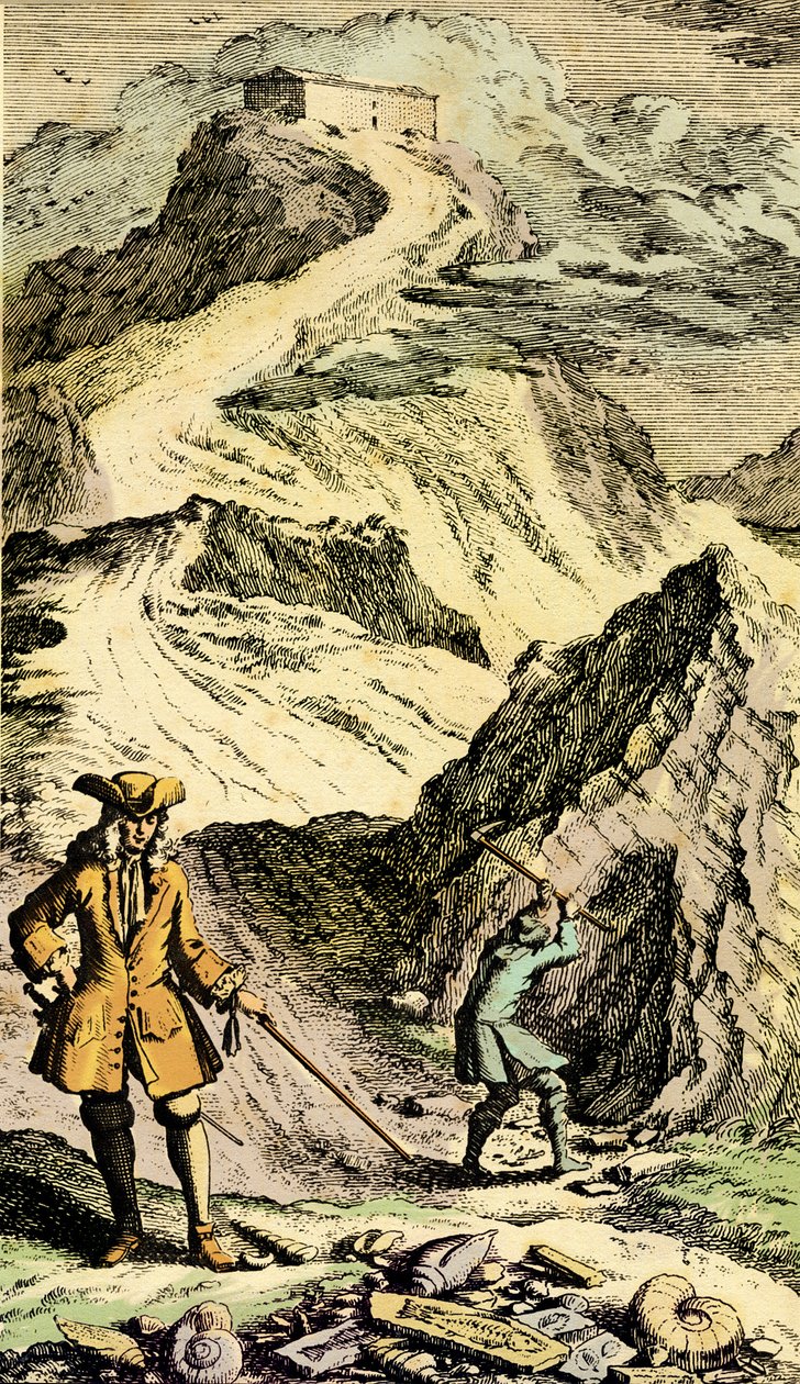 Paleontología: El naturalista suizo Johann Jakob Scheuchzer (1672-1733) descubrió en las montañas suizas las huellas del Diluvio Universal gracias a los fósiles. Grabado del "Museum Diluvianum"". de Johann Jakob Scheuchzer