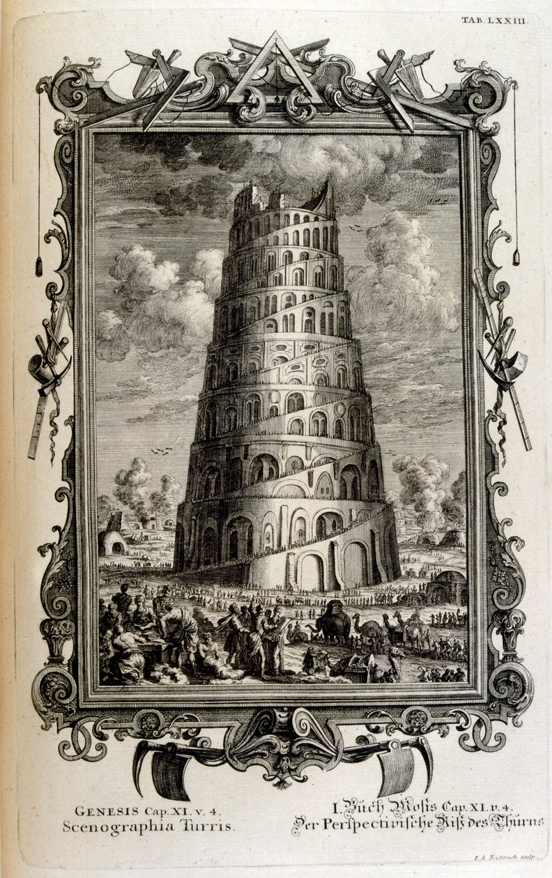 Plano de la Torre de Babel vista lateralmente de Johann Jakob Scheuchzer