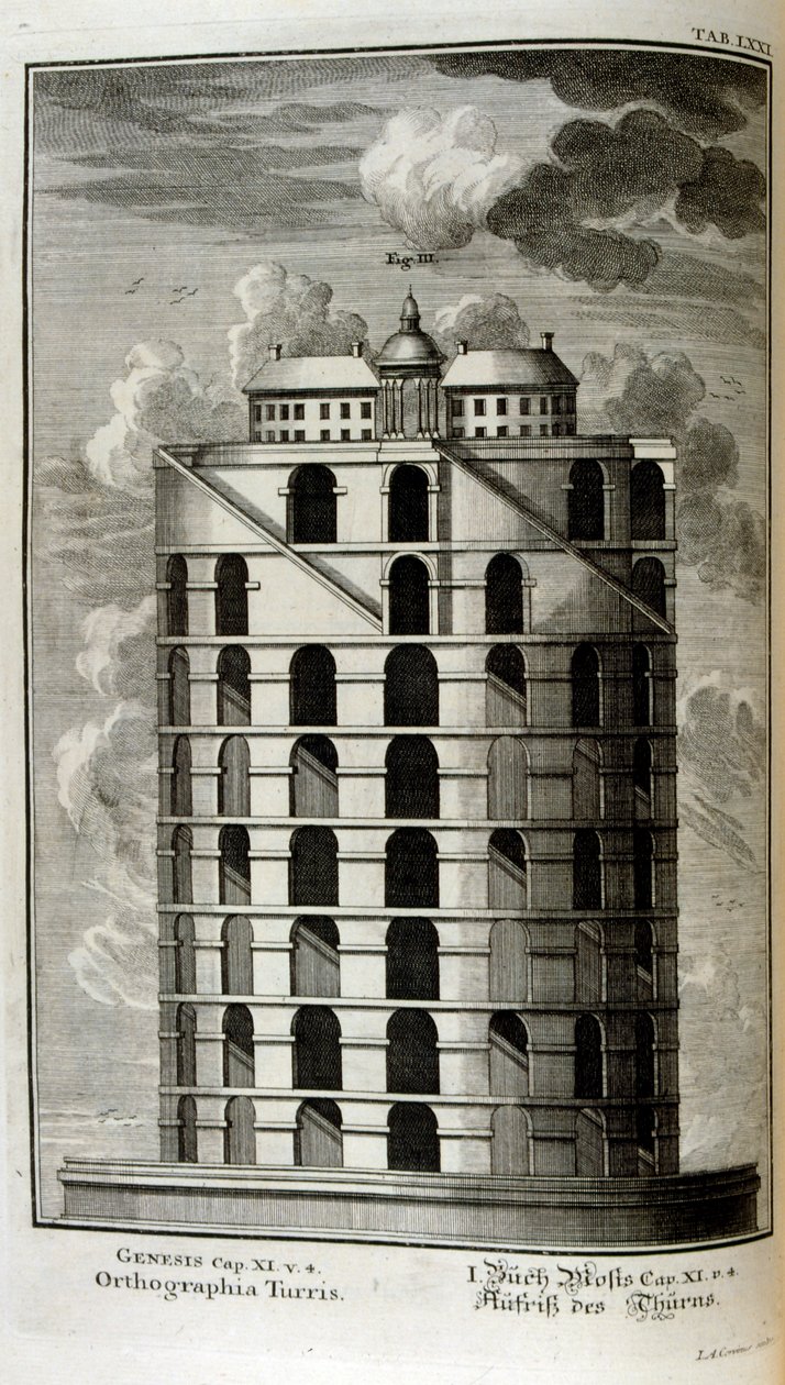Plano de la Torre de Babel vista lateralmente de Johann Jakob Scheuchzer