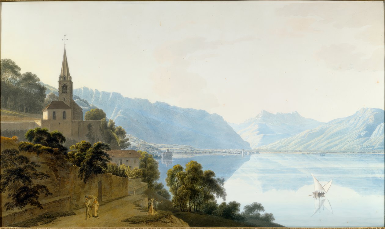 La iglesia de Les Planches, Chillon, Villeneuve y los Dents du Midi de Johann Jakob Wetzel