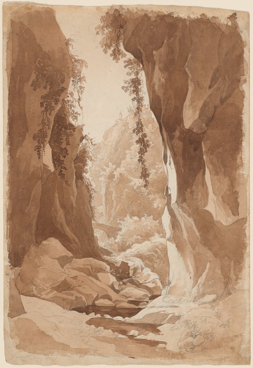 Acantilados que Sobresalen de un Desfiladero de Río cerca de Sorrento (recto) de Johann Joachim Faber