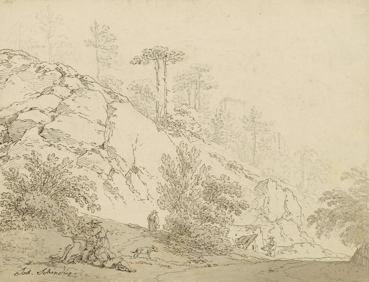Agricultores descansando en terreno rocoso, castillo de fondo de Johann Josef Schindler
