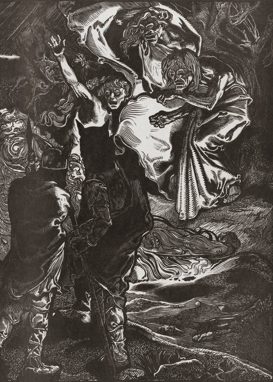 Macbeth y Banquo se encuentran con las tres brujas, siglo XX (grabado) de Johann Joseph Aarts