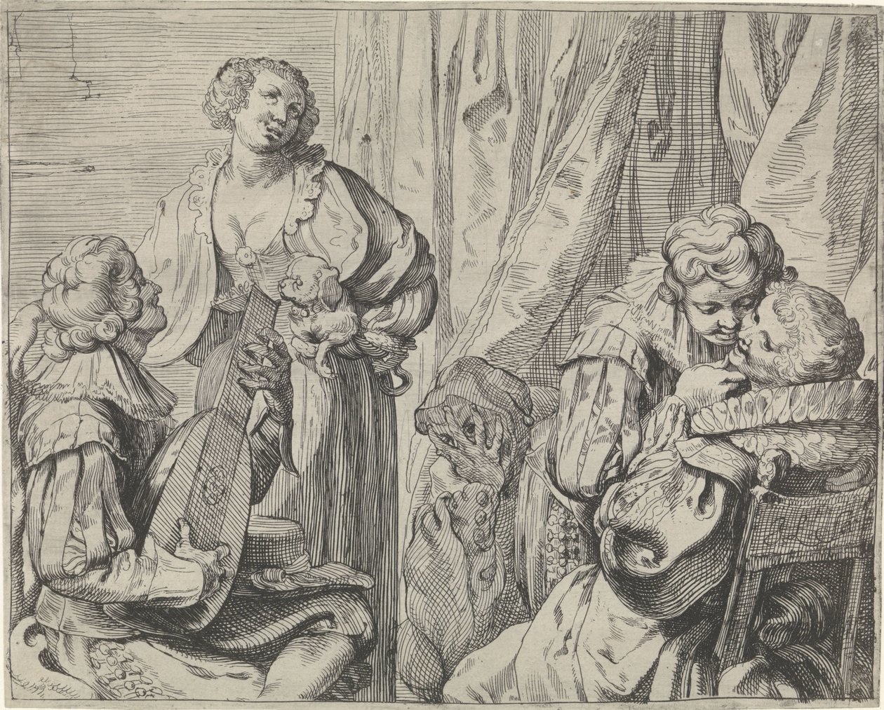 Parejas jóvenes enamoradas y un tonto en un interior. de Johann Liss