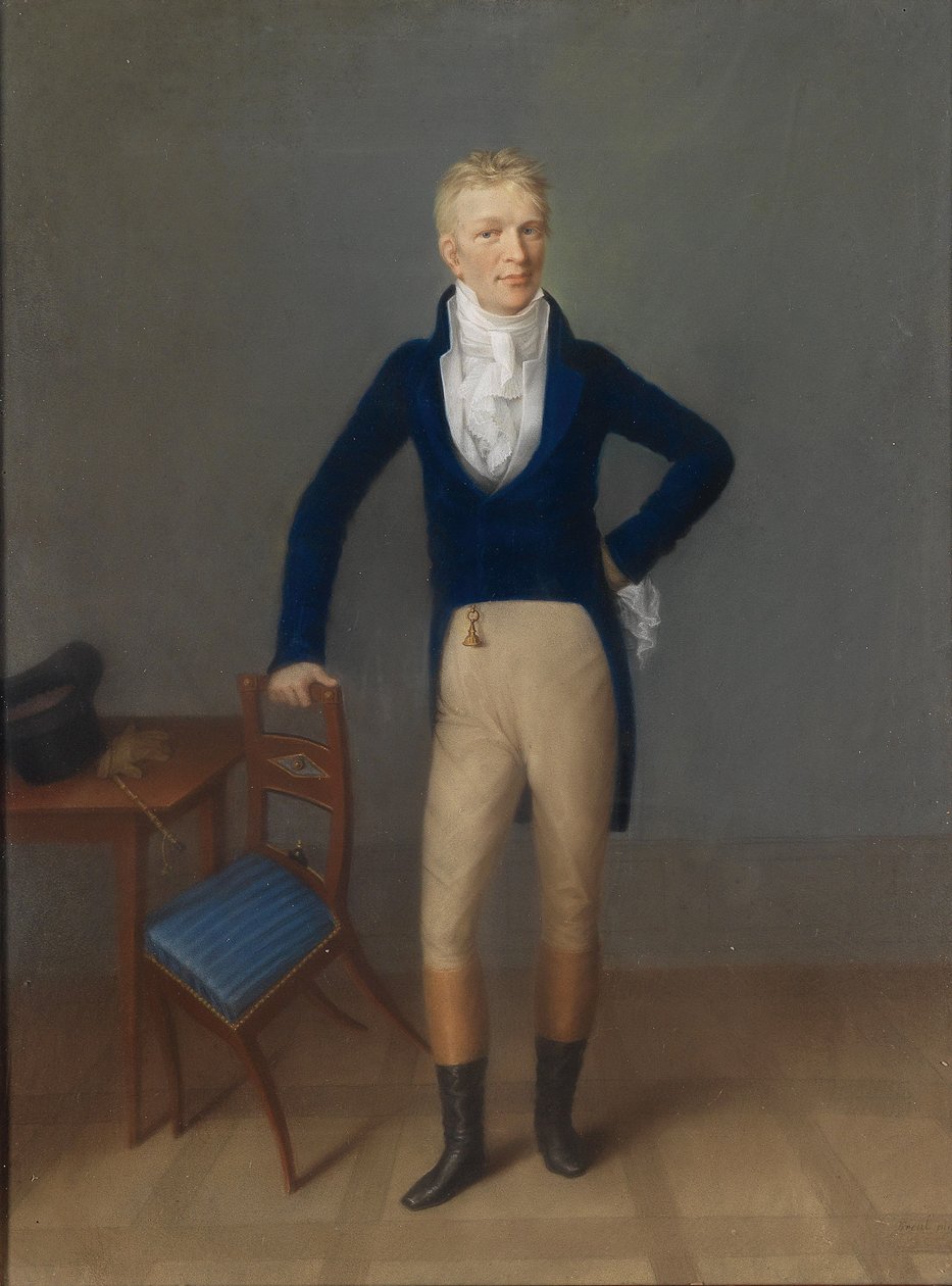 Retrato de un caballero rubio de cuerpo entero en traje de montar, apoyado en el respaldo de un sillón de Johann Lorenz Kreul