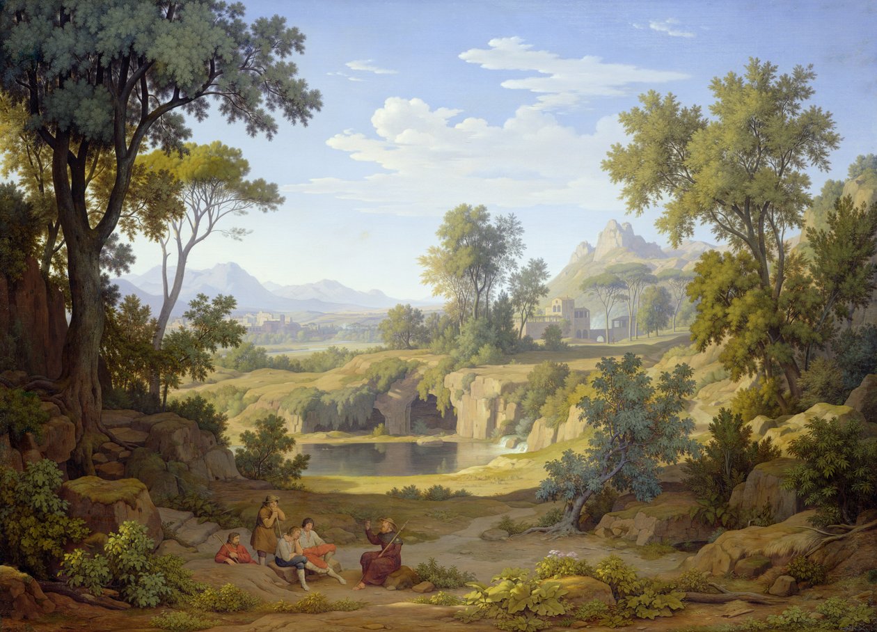 Paisaje italiano con un peregrino y campesinos, 1829 de Johann Martin von Rohden