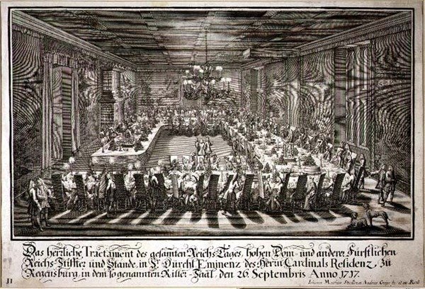 Banquete en el Salón del Rey en el Palacio del Cardenal de Ratisbona, 26 de septiembre de 1717 de Johann Matthias and Geyer Andreas Steidlin