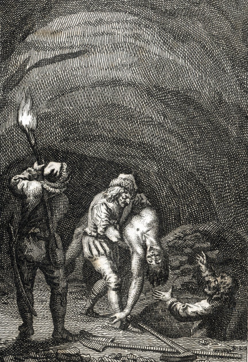 Muerte de Guillermo II de Holanda asesinado por los frisones, que lo enterraron en secreto bajo el suelo de una casa Grabado de Johann Michael Mettenleiter (1765-1853) 1800 Colección privada de Johann Michael Mettenleiter