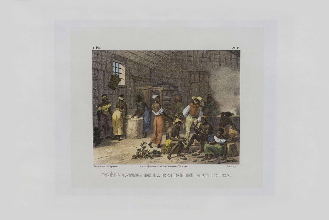 Preparación de raíces de mandioca. De Malerische Reise en Brasil, 1830-1835 de Johann Moritz Rugendas