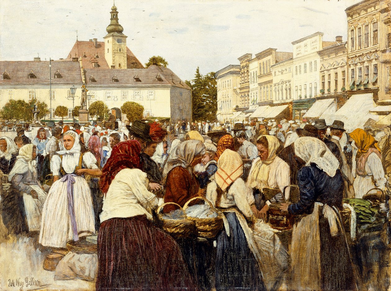 Plaza del Mercado, Misfrau (óleo sobre lienzo) de Johann Nepomuk Geller