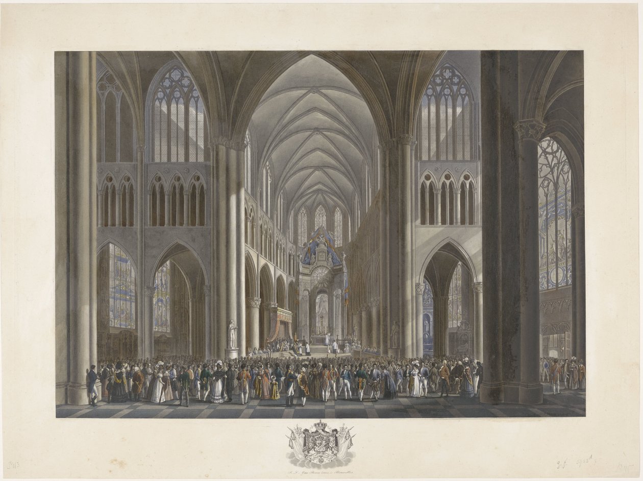 Inauguración del rey Guillermo I en la iglesia de Santa Gúdula de Bruselas el 21 de septiembre de 1815
Doce láminas de la llegada e inauguración de Guillermo I en Bruselas y las batallas de Quatre-Bras y Waterloo en 1815 (título de la serie) de Johann Nepomuk Gibèle (possibly)
