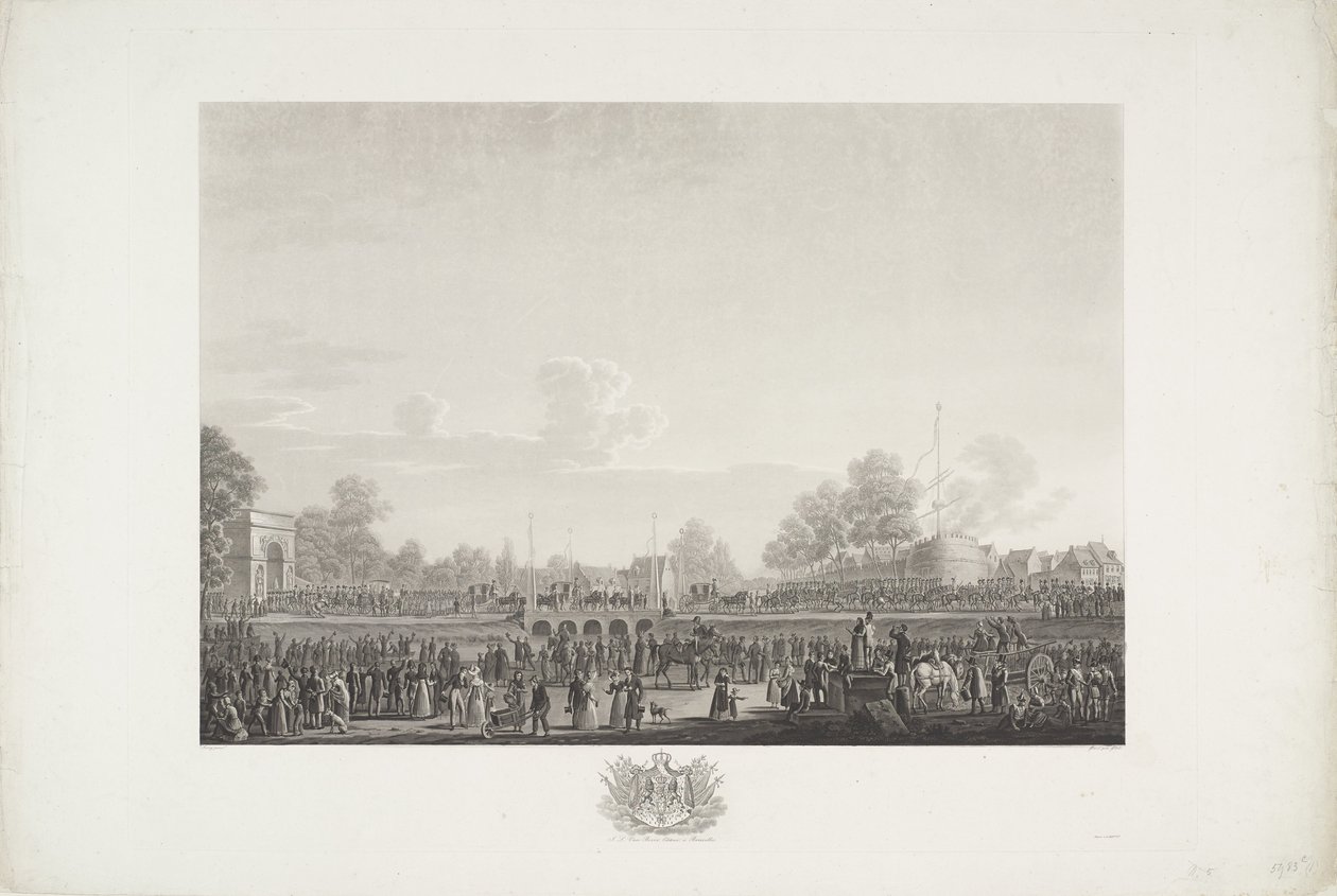 Llegada del rey Guillermo I a Bruselas, 1815 Doce láminas de la llegada e inauguración de Guillermo I en Bruselas y las batallas de Quatre-Bras y Waterloo en 1815 (título de la serie) de Johann Nepomuk Gibèle