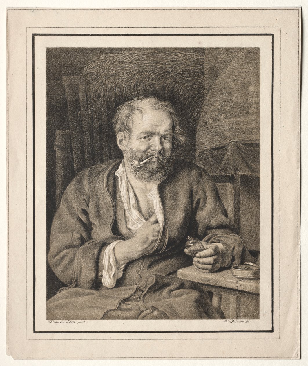 Peasant Sitting at a Table, Smoking a Pipe de Johann Nepomuk Strixner