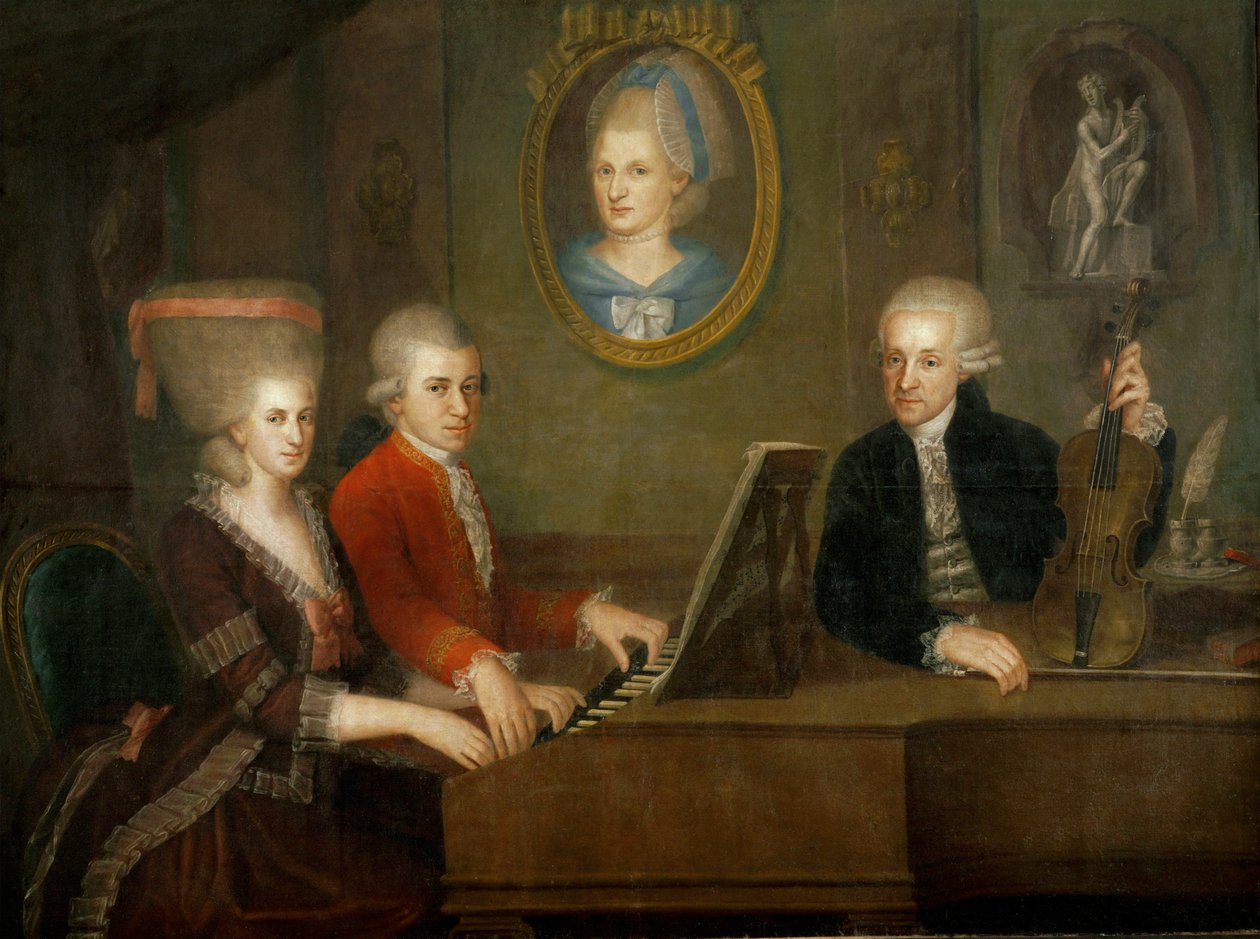 La familia Mozart: al piano, Wolfgang y su hermana Nannerl ;padre Leopold Mozart con violín ... (óleo sobre lienzo) de Johann Nepomuk della Croce