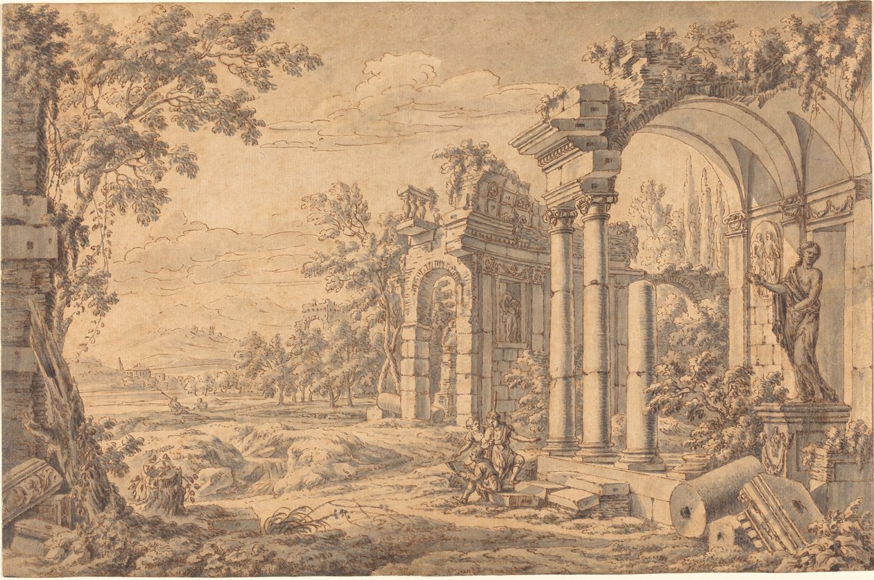 Paisaje con un dibujante entre ruinas antiguas de Johann Oswald Harms