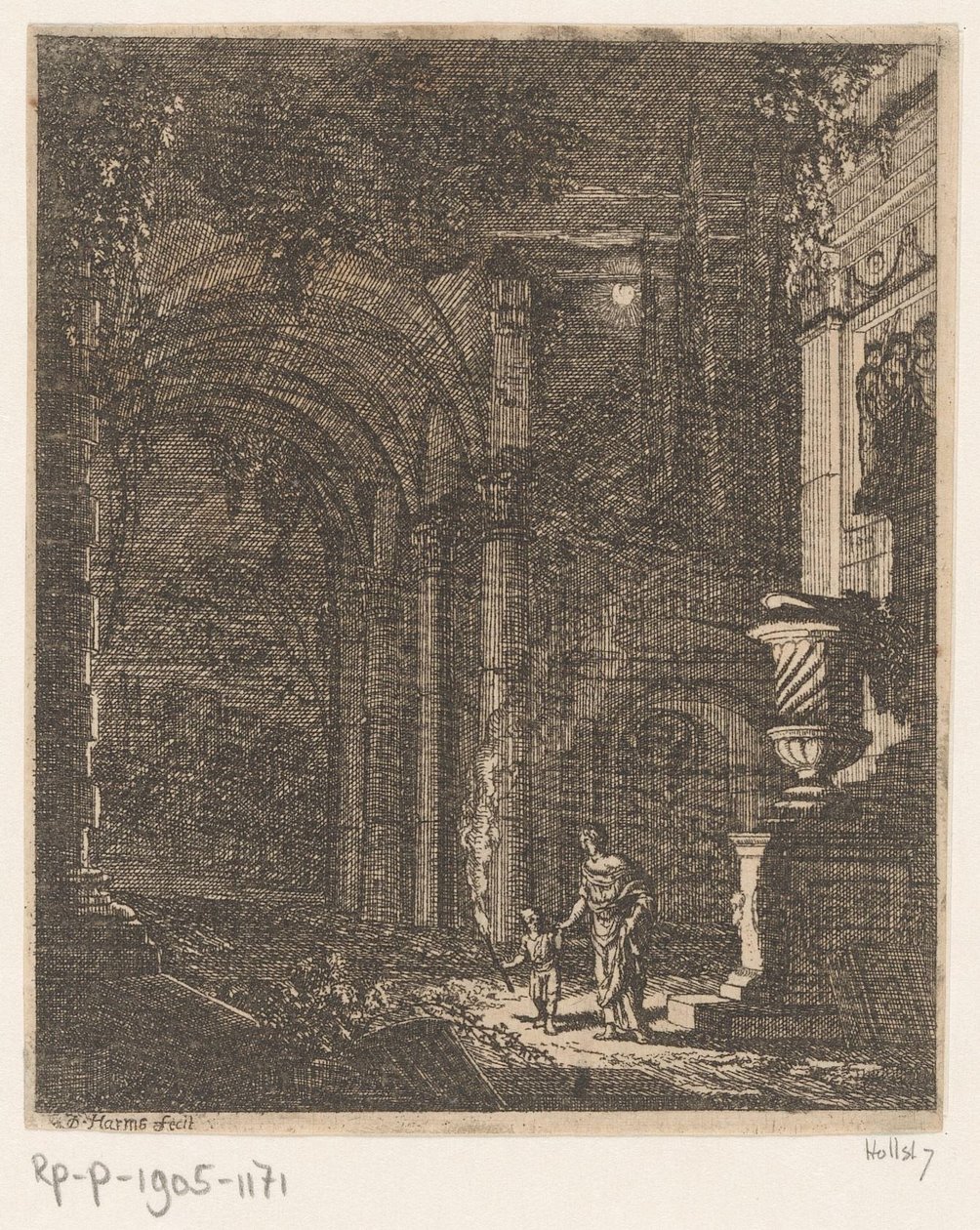 Dos figuras iluminan unas antiguas ruinas con una antorcha
Ruinas y edificios antiguos (título de la serie)
Alcune Inventione de Ruini et Architectura (...) (título de la serie) de Johann Oswald Harms