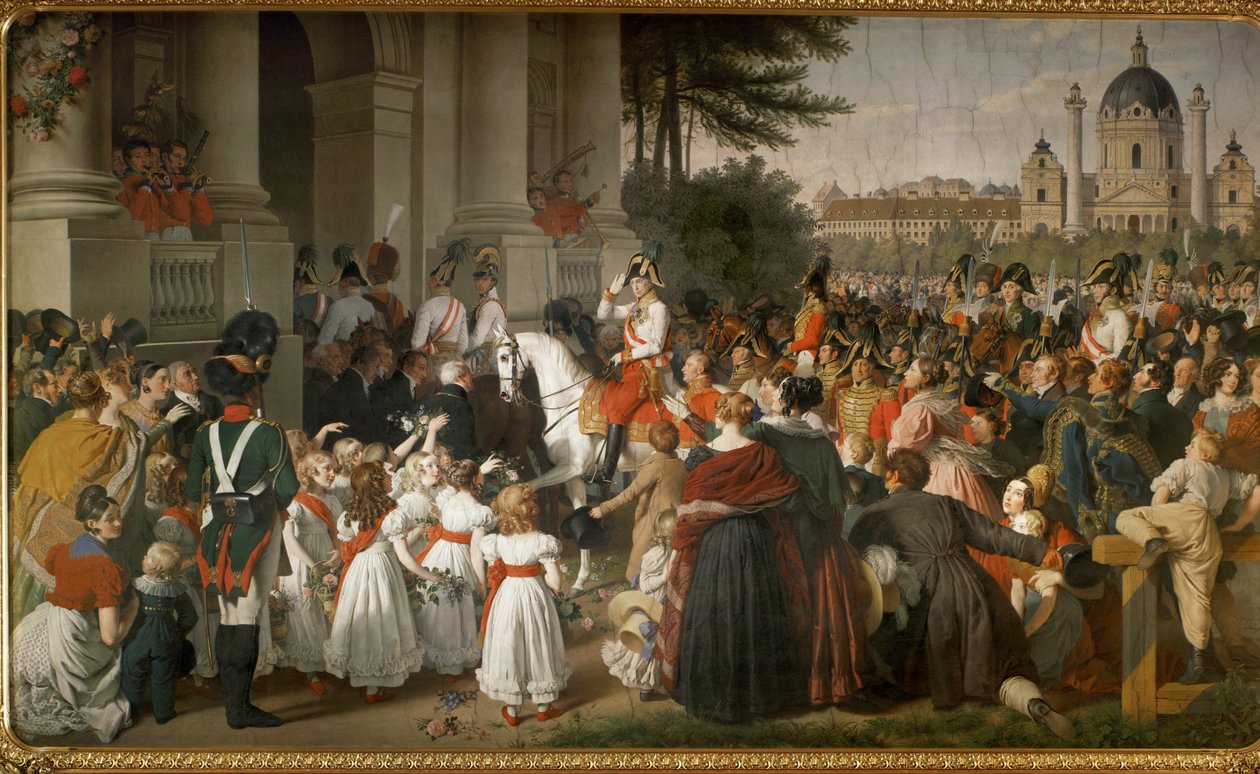 El emperador Francisco I, regresa a Viena de la batalla de Leipzig ... (pintura mural) de Johann Peter Krafft