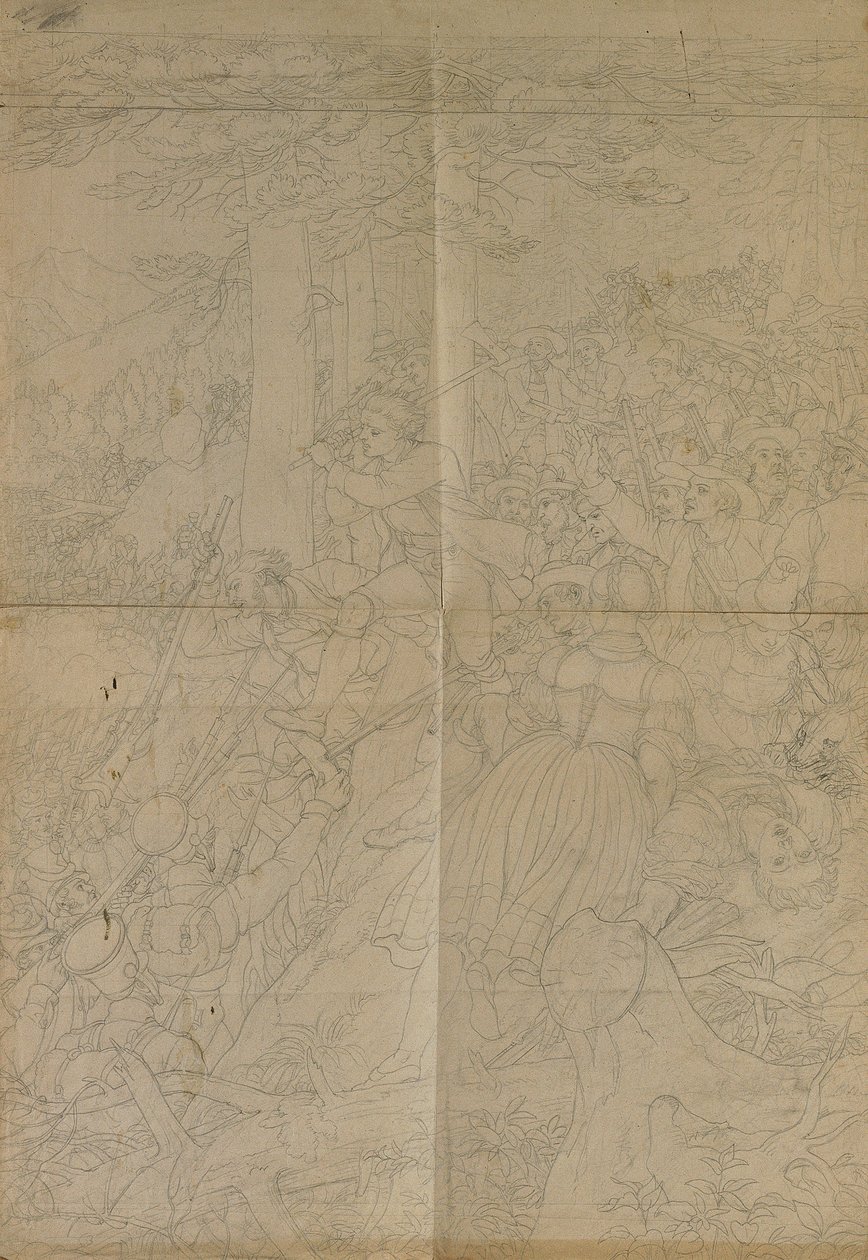 Dibujo de contorno para la "Escena de la lucha tirolesa por la libertad" de Johann Peter Krafft