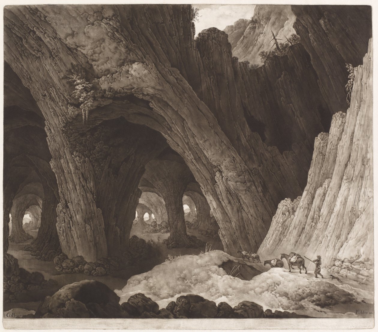 Viajeros descansando en cavernas gigantescas de Johann Peter Pichler, after Guillam Dubois