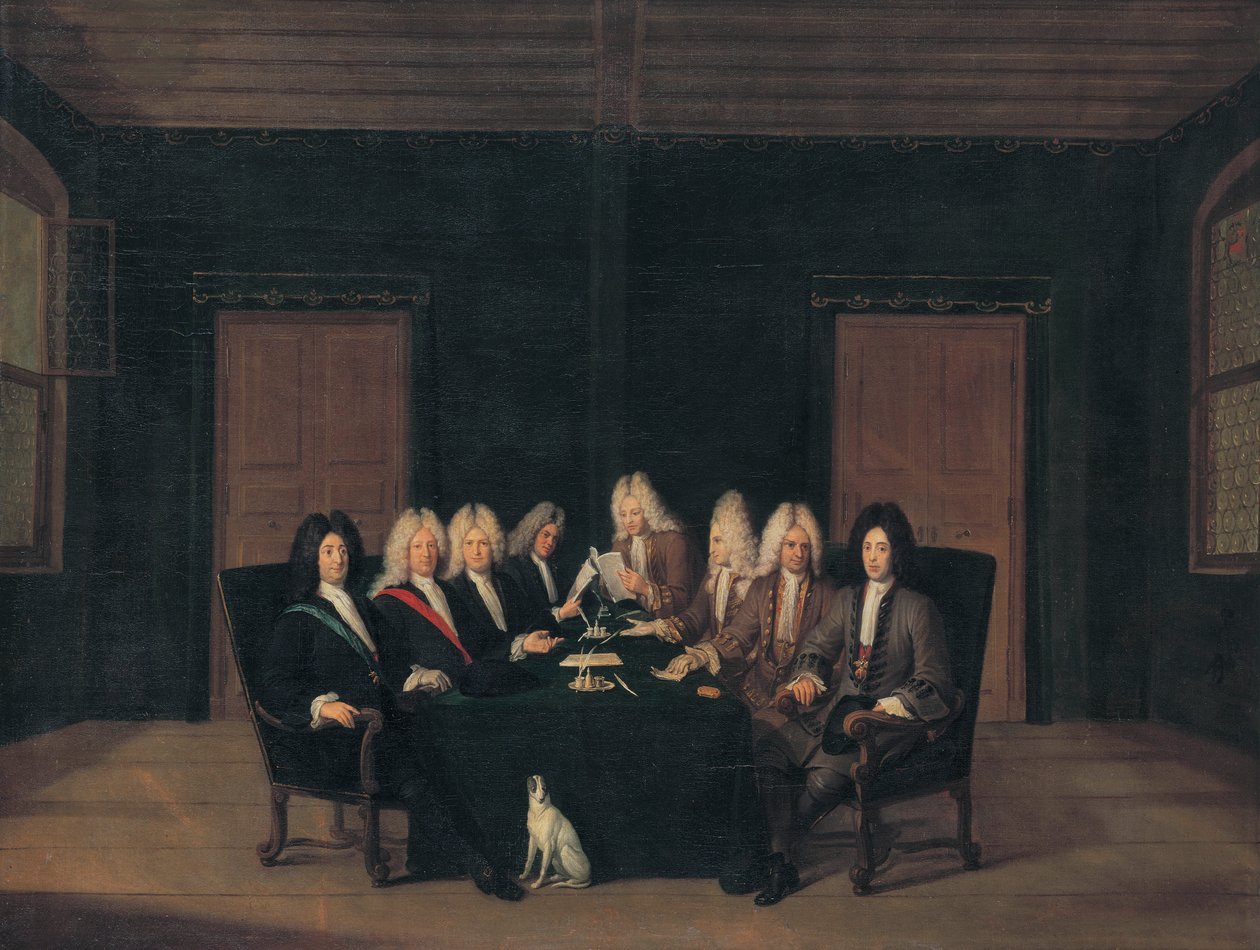 En francés:  Les emissaires au traité de Bade en septembre 1714 Los emisarios del congreso de paz de Baden el 7 de septiembre de 1714 de Johann Rudolf Huber