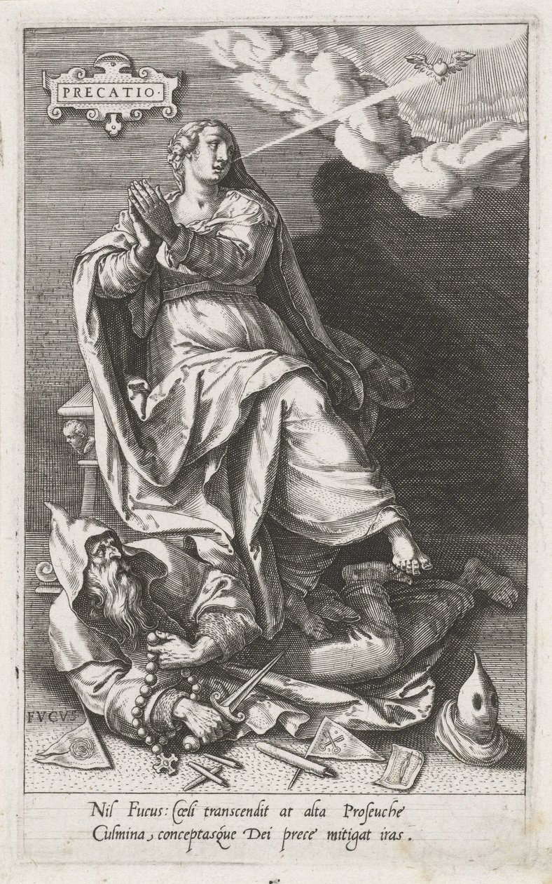 La Oración (Precatio) Vence la Hipocresía (Fucus) Precatio (título sobre objeto) Las virtudes conquistan los vicios (título de la serie) de Johann Sadeler (I)