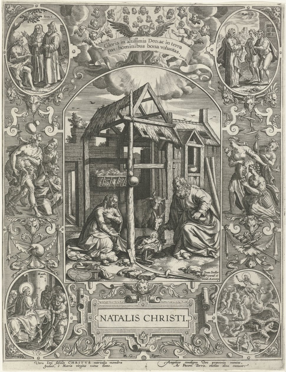 Natividad: Navidad Natalis Christi (título sobre objeto) Las cuatro fiestas cristianas más importantes (título de la serie) de Johann Sadeler (I)