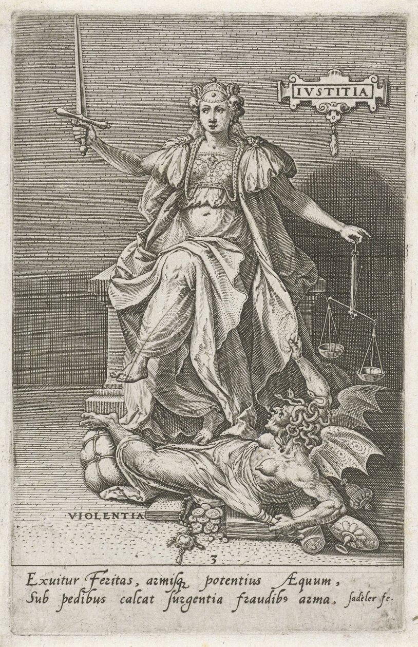 La justicia (Justitia) vence a la violencia (Violentia) Justicia (título sobre objeto) Las virtudes conquistan los vicios (título de la serie) de Johann Sadeler (I)