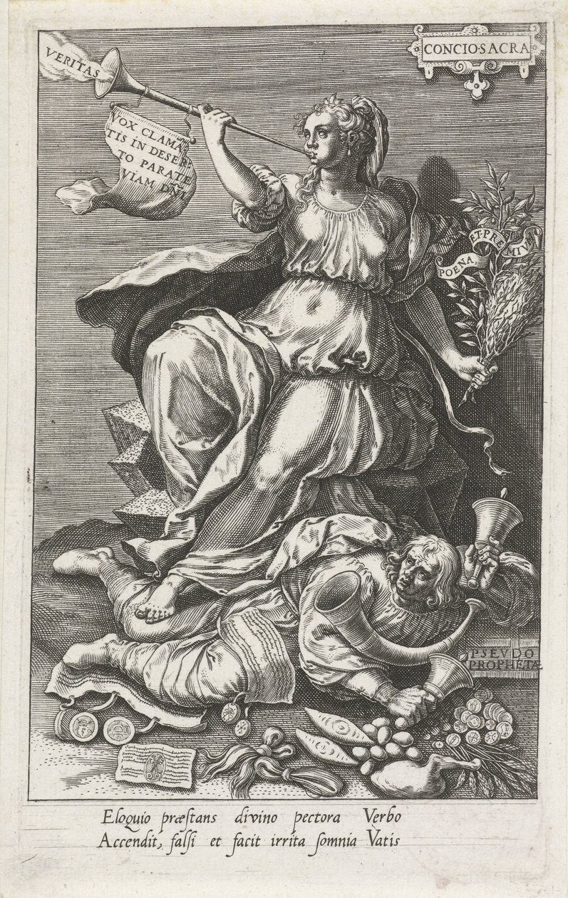La conciencia (Conciosacra) vence a los falsos profetas (Pseudo Prophetae) Conciosacra (título sobre objeto) Las virtudes conquistan los vicios (título de la serie) de Johann Sadeler (I)