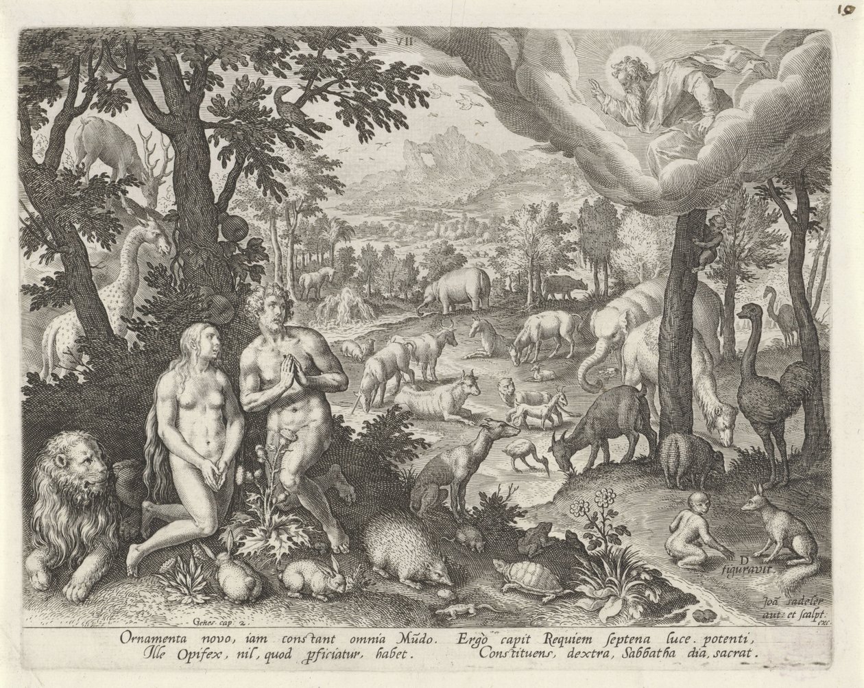 Dios Padre bendice a Adán, Eva y los animales Creación del mundo (título de la serie) de Johann Sadeler (I)