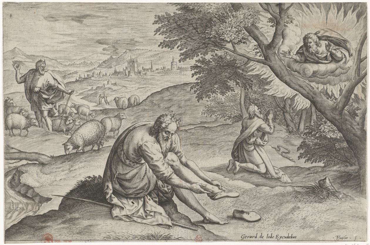 Dios se aparece a Moisés en la zarza ardiente Historia de Moisés antes del Éxodo (título de la serie) Historia plagarum en Aegijpto (título de la serie) de Johann Sadeler (I)