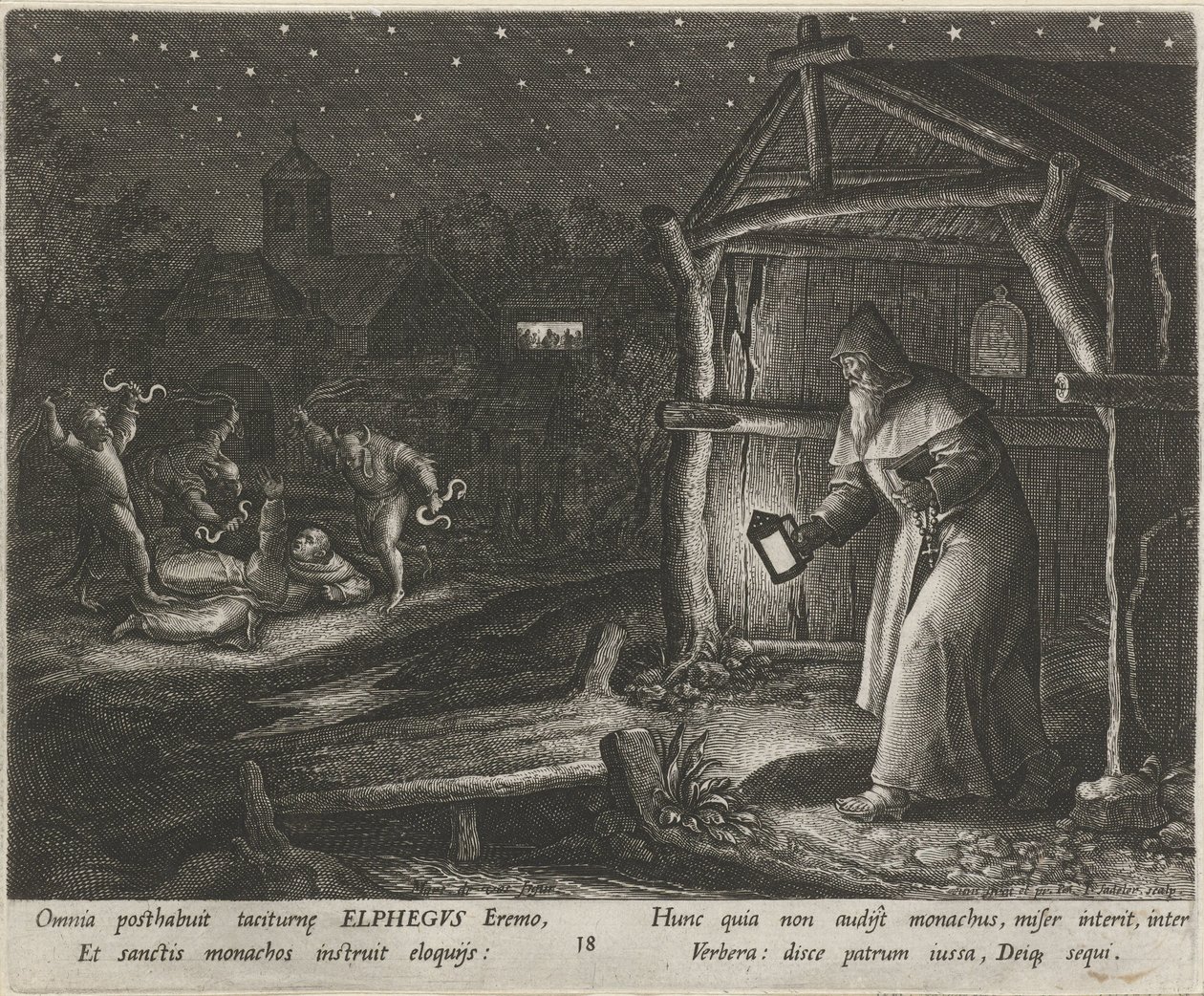 San Alfego de Canterbury como ermitaño La vida virtuosa de los ermitaños (título de la serie) Trophaeum vitae solitariae (título de la serie) de Johann Sadeler (I)