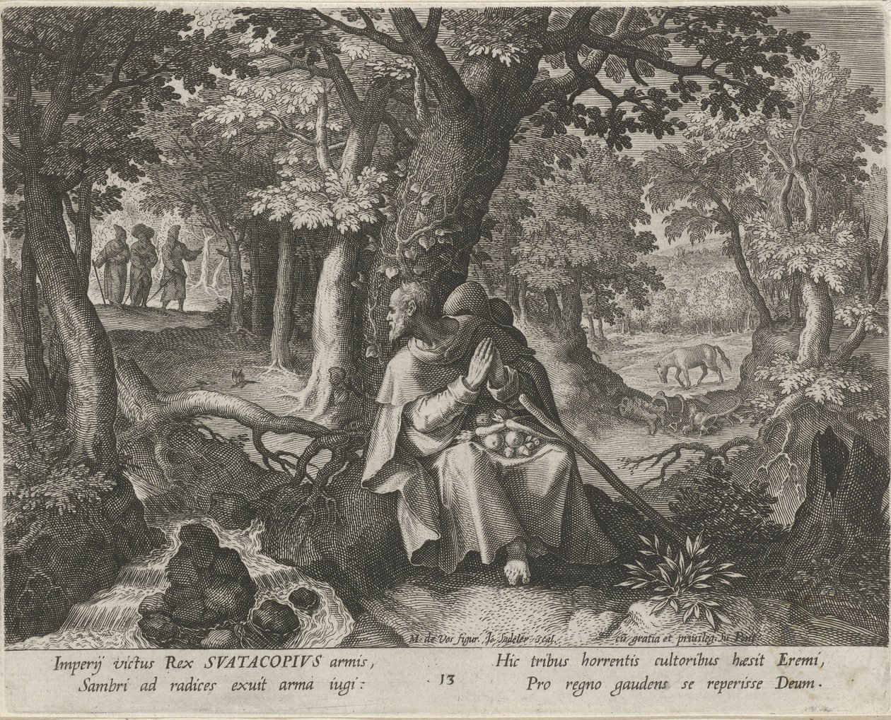 San Suatacopio como Ermitaño La vida virtuosa de los ermitaños (título de la serie) Trophaeum vitae solitariae (título de la serie) de Johann Sadeler (I)